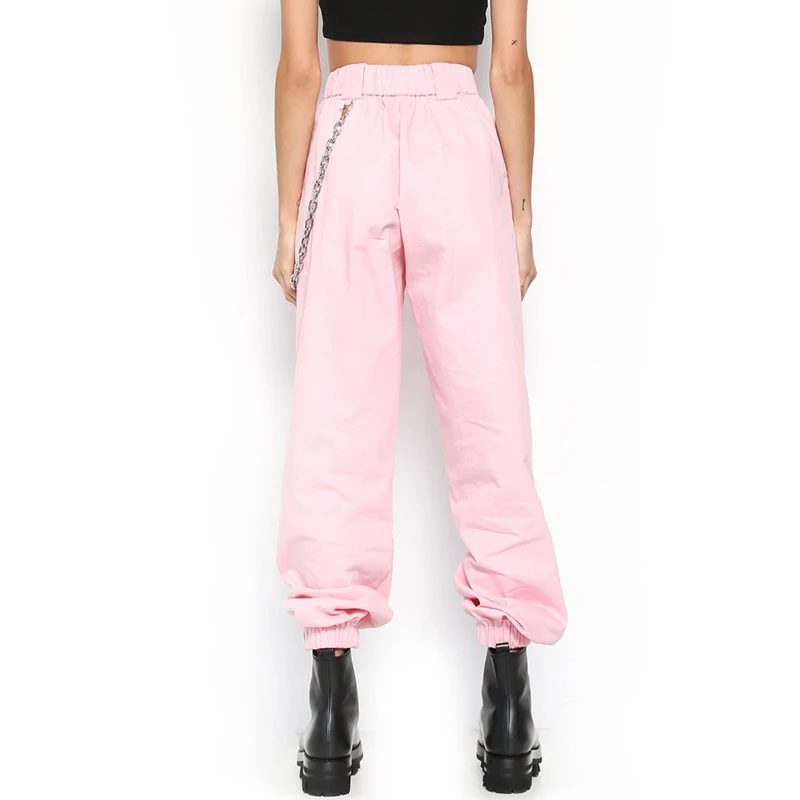 Женские брюки карго в стиле панк розовые свободные с высокой талией и цепочкой