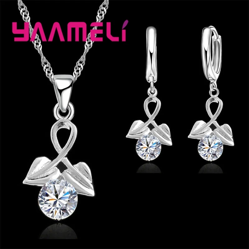 

New Arrival Fashion 925 Sterling Silver Jewelry Sets Round Austrian Crystal Pendants Necklace Earrings Sets wholesale