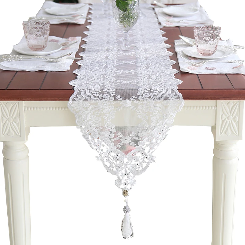 

White Elegant Lace Embroidered Table Runners Luxury Wedding Table Runner with Tassel Hotel Party Banquet Decoration