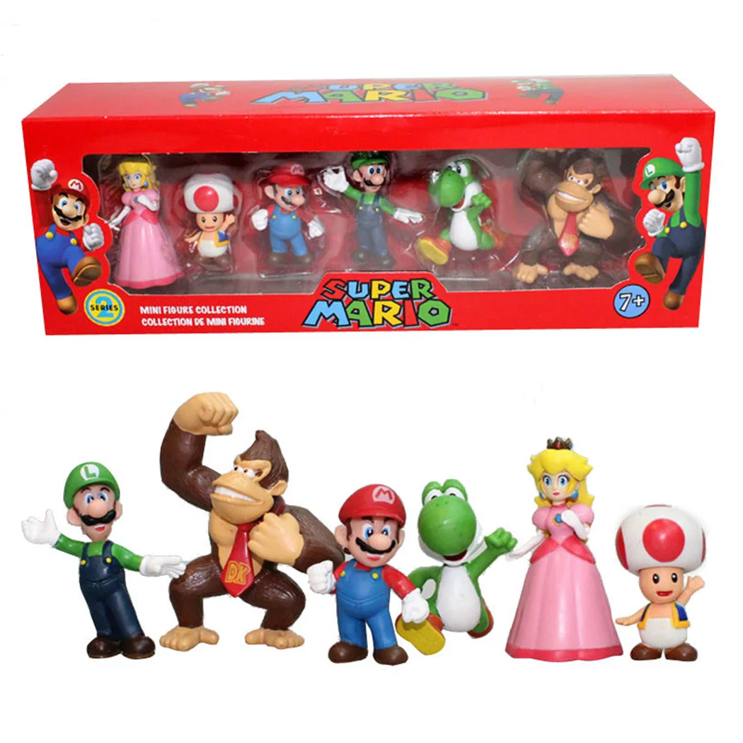 6pcs Фигурка героя игры 6 шт гриб персик Варио Luigi персик Йоши King Kong игрушки Фигурки из ПВХ Super Mario Bros 5 серии игрушки куклы - Цвет: 6pcs