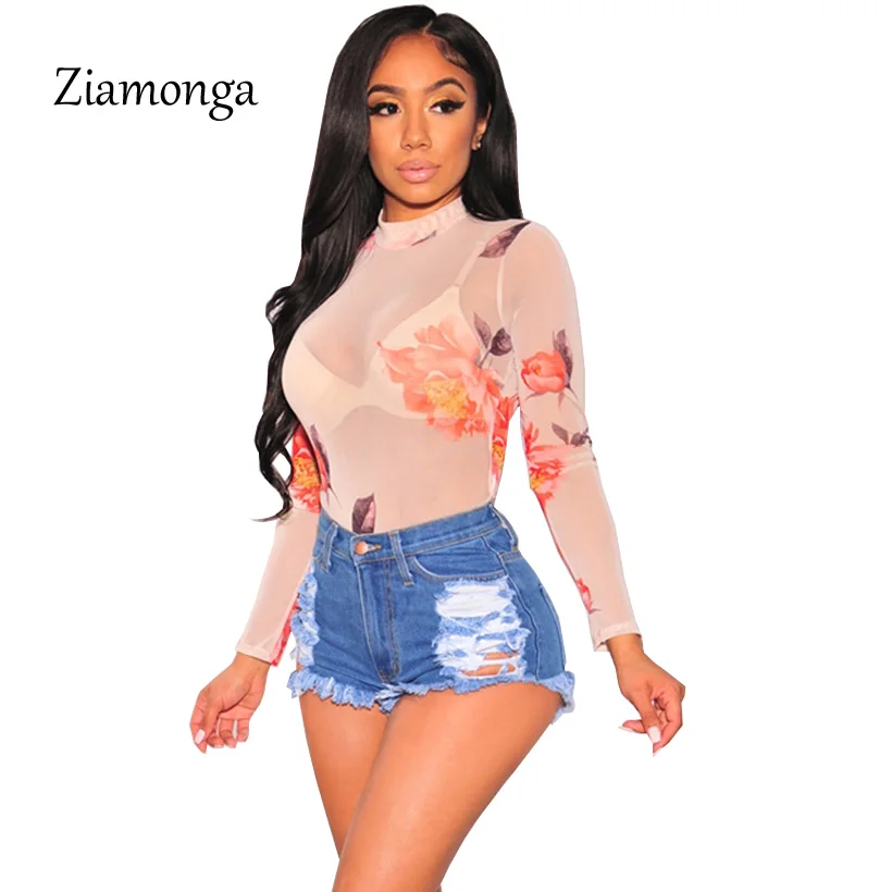 Женские облегающие комбинезоны с высоким воротом Ziamonga цветочным принтом длинным