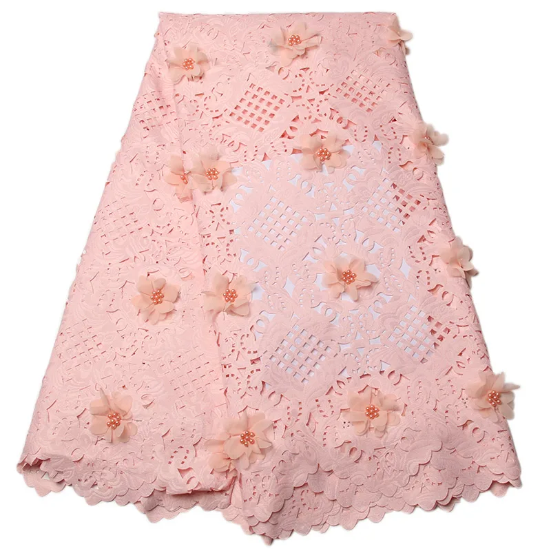 Африканский Кружево ткани/вышитый тюль ткани с 3D аппликацией зеленый и розовый