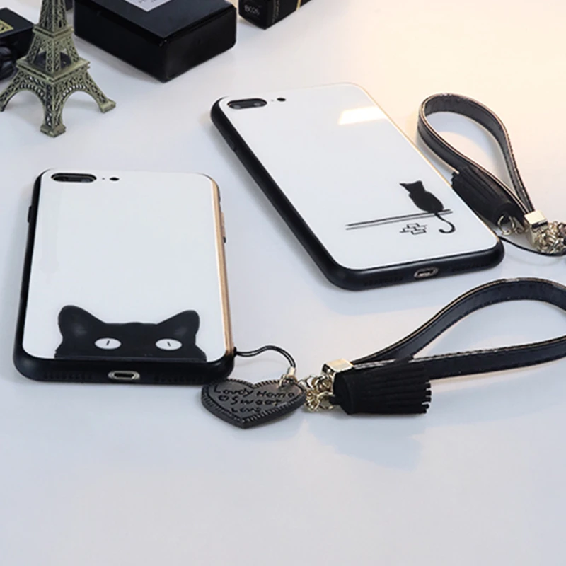 

BONVAN Tempered Glass Case For Huawei Honor 9 lite 10 Cute Cat Hard Cover For Huawei honor 10 9 V9 V10 Heart Tassel Lanyard Case