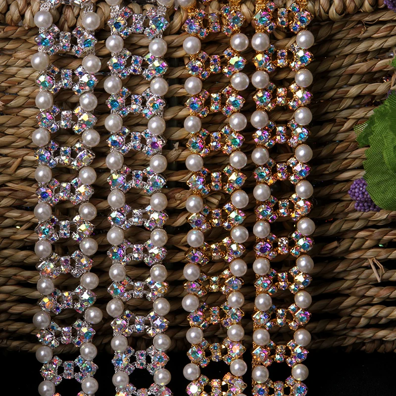 

1 Yard 2.2 CM Tape Silver Gold Crystal Rhinestone Pearl Chain Trims Handmade Applique for Wedding Dresses Sewing on Garments