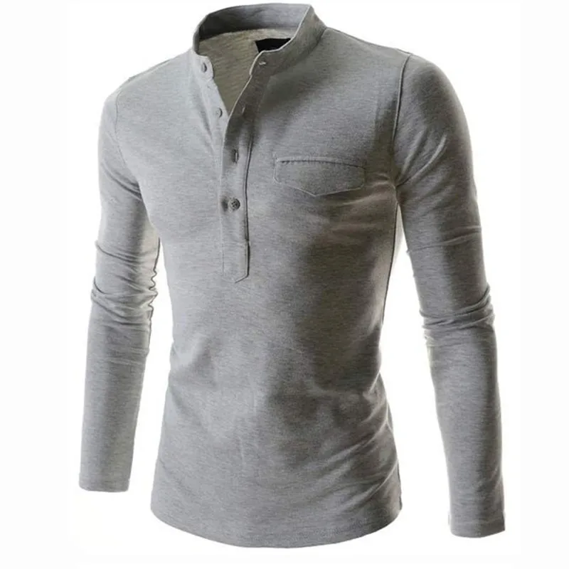 New Design Solid Color Polo Shirt Men 2019 Fashion Stand Collar Gray Long Sleeve Casual False Pocket Henley Man | Мужская одежда