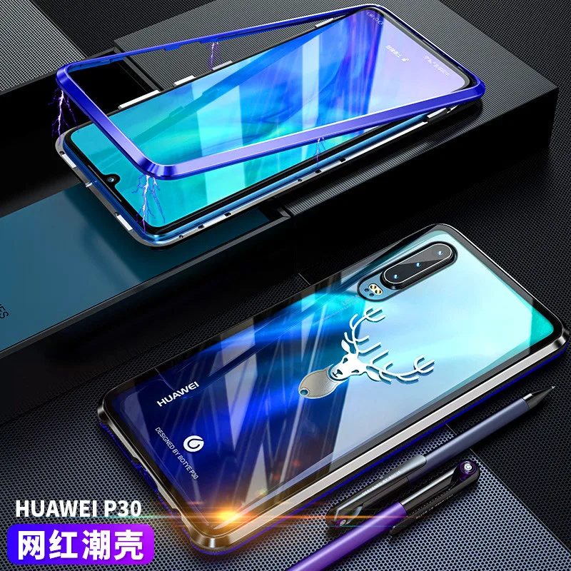 

Huawei P 30 металлический бампер P30 чехол Магнитная Адсорбция металлическая рамка с задней закаленным стеклом жесткий чехол для Huawei P30 6,1"