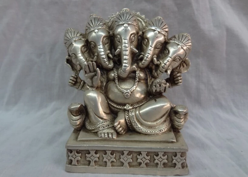 

song voge gem S2783 Chinese Silver Buddhism 5 Head 4 Hand Ganapati Ganesh Lord Ganesha Buddha Statue