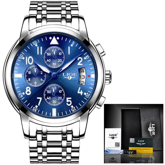 Silver blue S Relogio Masculino, мужские часы, водонепроницаемые, кварцевые, бизнес часы, LIGE, Лидирующий бренд, Роскошные, мужские, повседневные, спортивные часы, мужские, Relojes Hombre - Цвет: Silver blue S