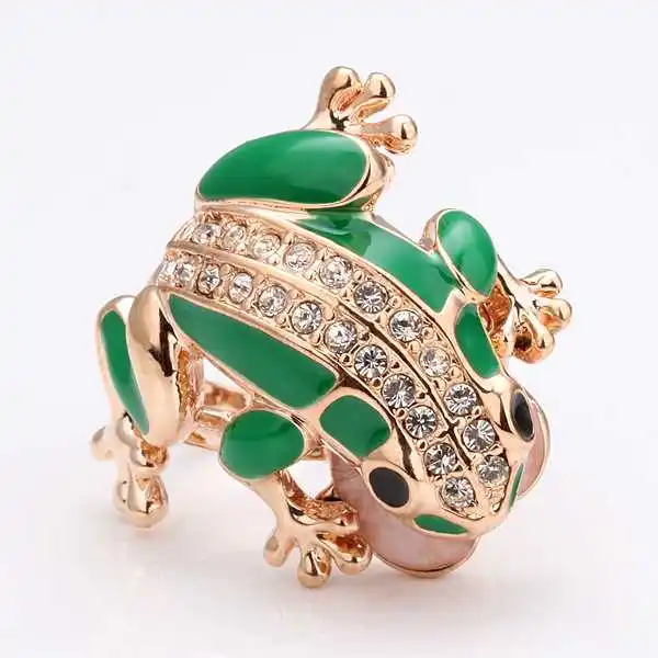 Free shipping 18K GP gold plated ring fashion jewelry nickel free copper rhinestone crystal green frog SMTPR015 | Украшения и