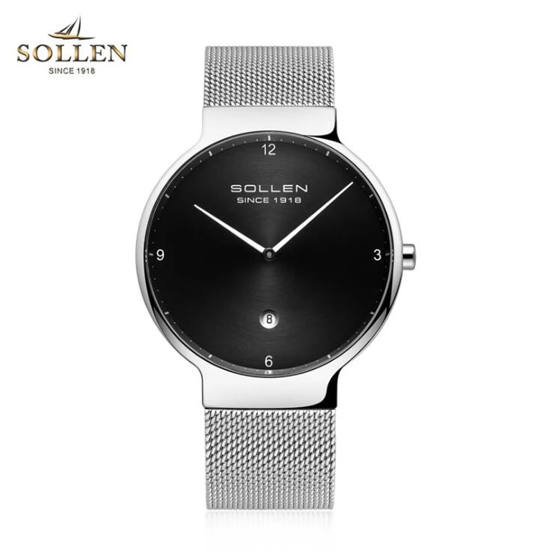 Men Silver Black SOLLEN часы в простом стиле для мужчин и женщин ультра-тонкий сетчатый ремень кварцевые часы модные черные белые наручные часы, кварцевые часы подарки - Цвет: Men Silver Black