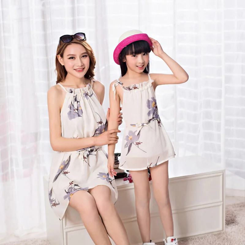 Mother And Daughter Clothes Harness Sleeveless Dress Floral Print Mom Casual Family Clothing Chiffon Dress|dress up clothing|dress checkdress shoes