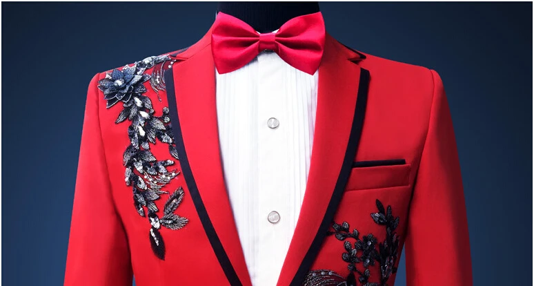 Красный расшитый блестками с длинным рукавом мужской тонкий костюм и блейзер S-3XL