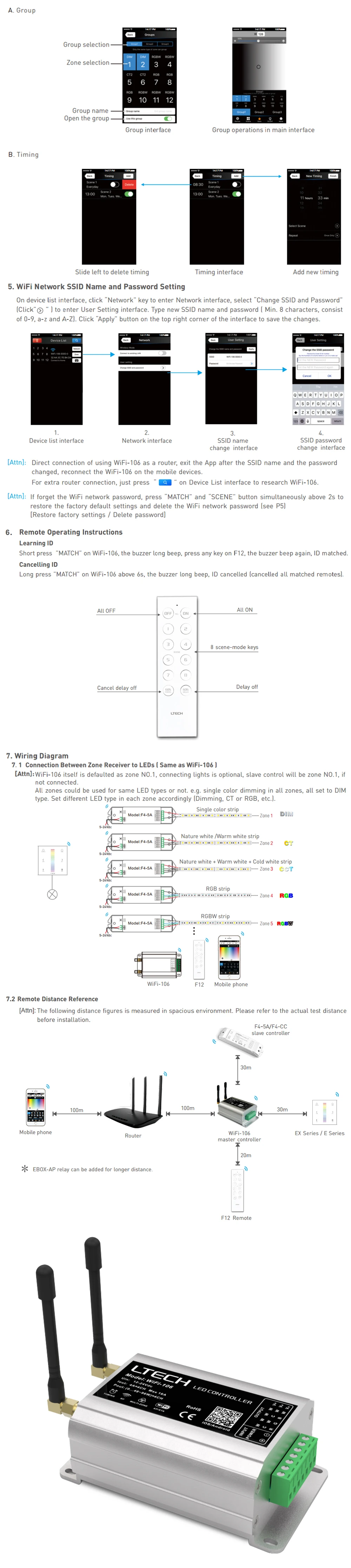 WiFi-106 светодиодный контроллер Wi-Fi с F12 RF пультом дистанционного управления; 2,4 ГГц беспроводной приемник, сенсорная панель светодиодный гибкая светодиодная лента RGB система управления