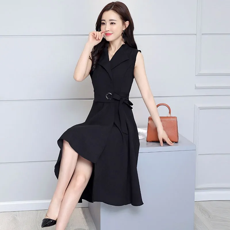2019 Summer Women Sleeveless Work Dress Casual A-Lin V-Neck Elegant Office Lady Party | Женская одежда