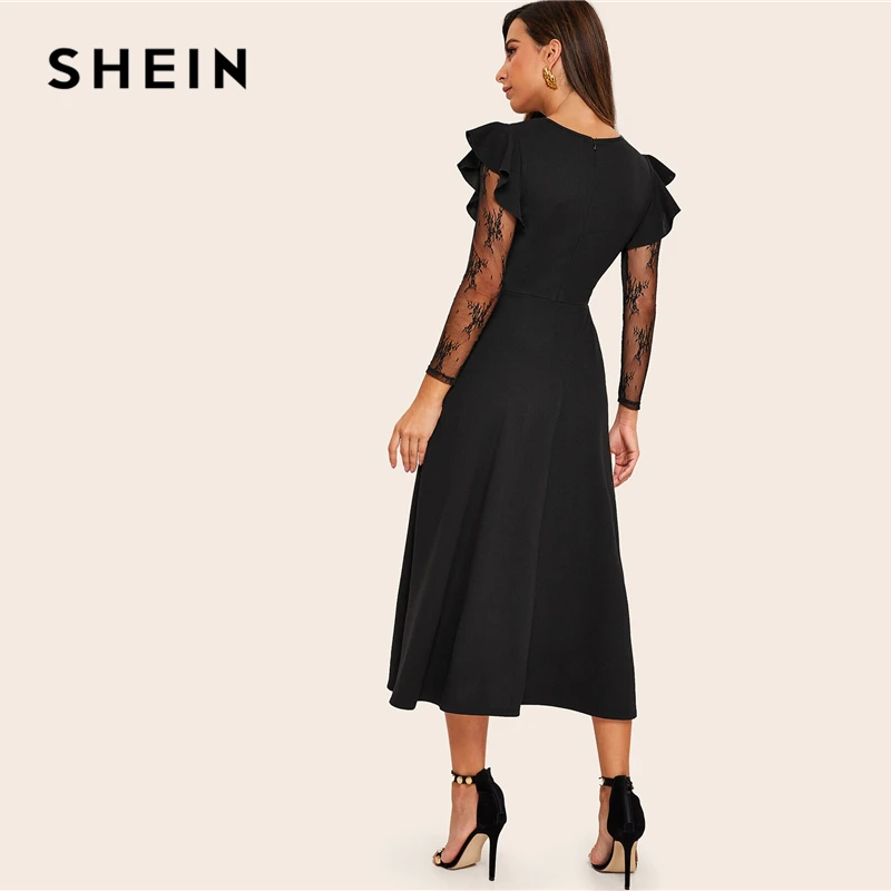 SHEIN кружевное платье с оборками и расклешенными рукавами Гламурное женское черное однотонное платье трапециевидной формы с длинным рукавом