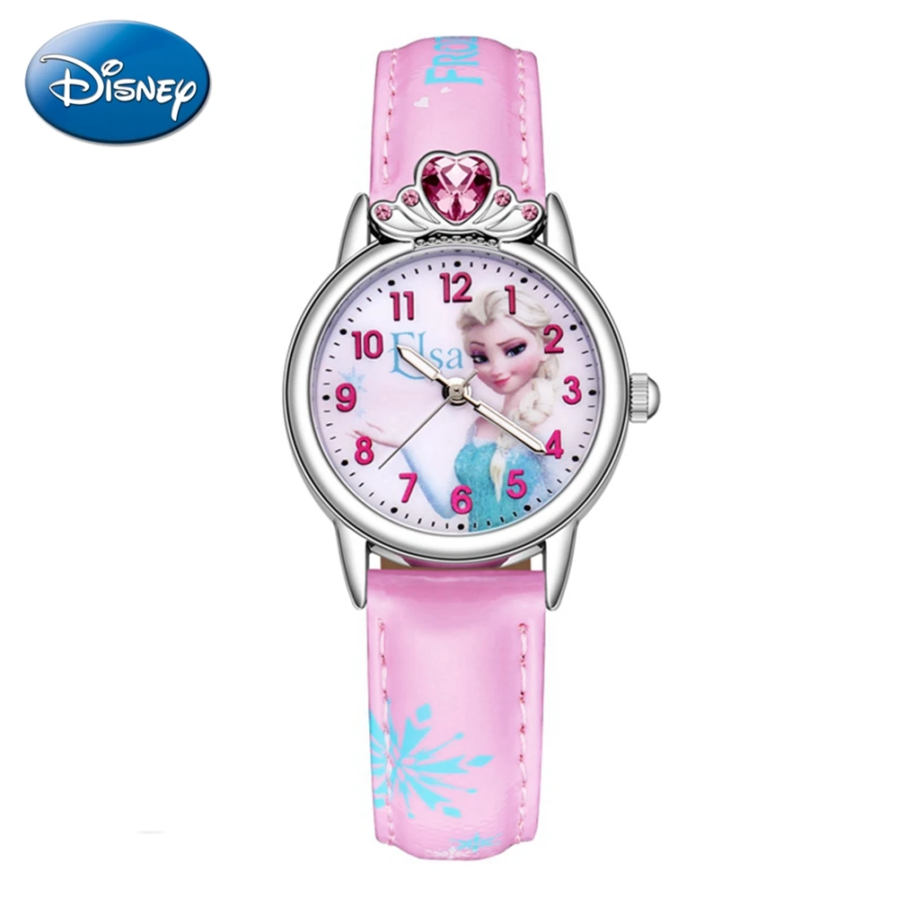 Fans Exclusive Frozen Elsa Girls Leather Quartz Pink Blue Rhinestone Fashion Simple Watches Disney Children Kid Student Clocks