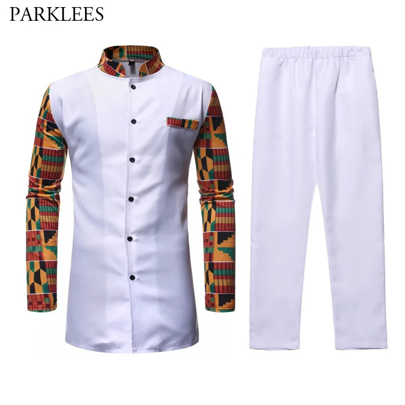 

White Afriacn Dashiki Dress Shirt Pant Set 2 Pieces Outfit Set Streetwear Casual Men African Clothes African Shirt with Trouser