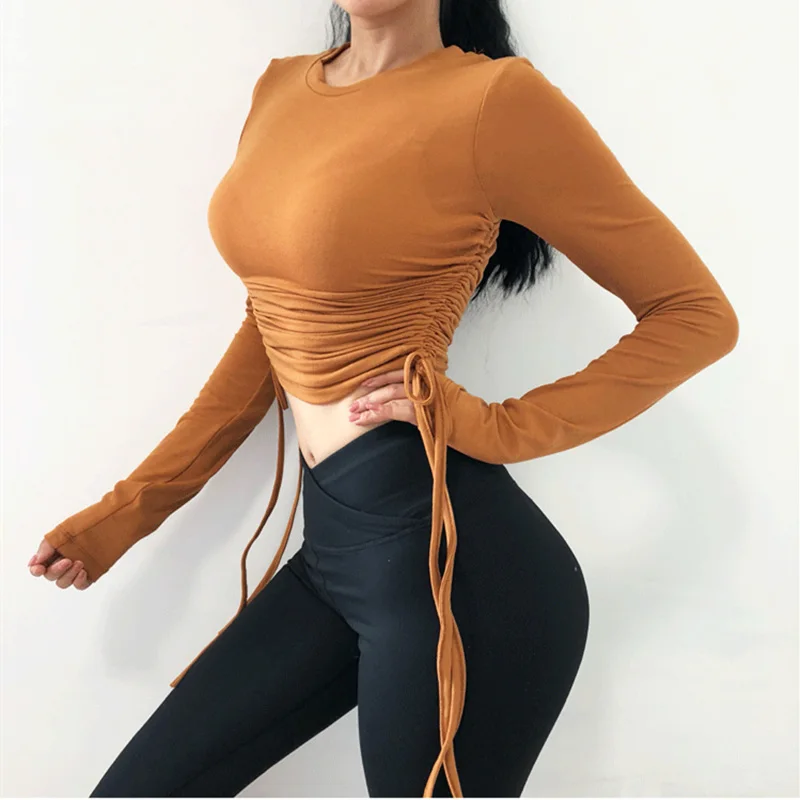 brown Спортивный топ на шнурке для женщин, для спортзала, тощий, быстросохнущий, спортивная одежда для фитнеса, спортивные футболки с длинными рукавами, армейский зеленый, рубашки для йоги - Цвет: brown