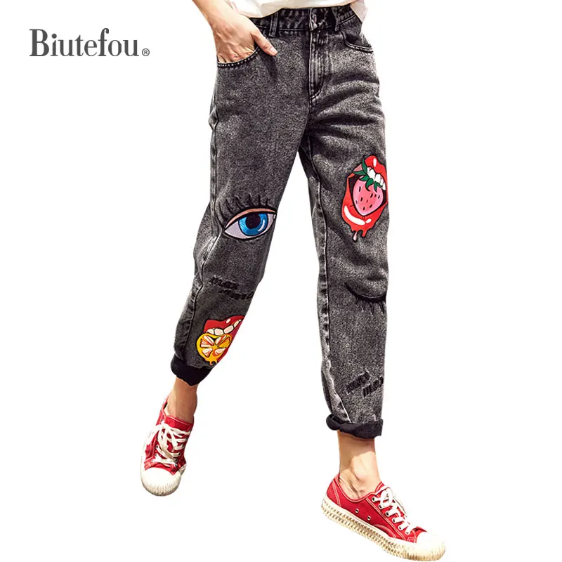 2019 летние модные джинсовые брюки с вышивкой женские джинсы высокой талией| |