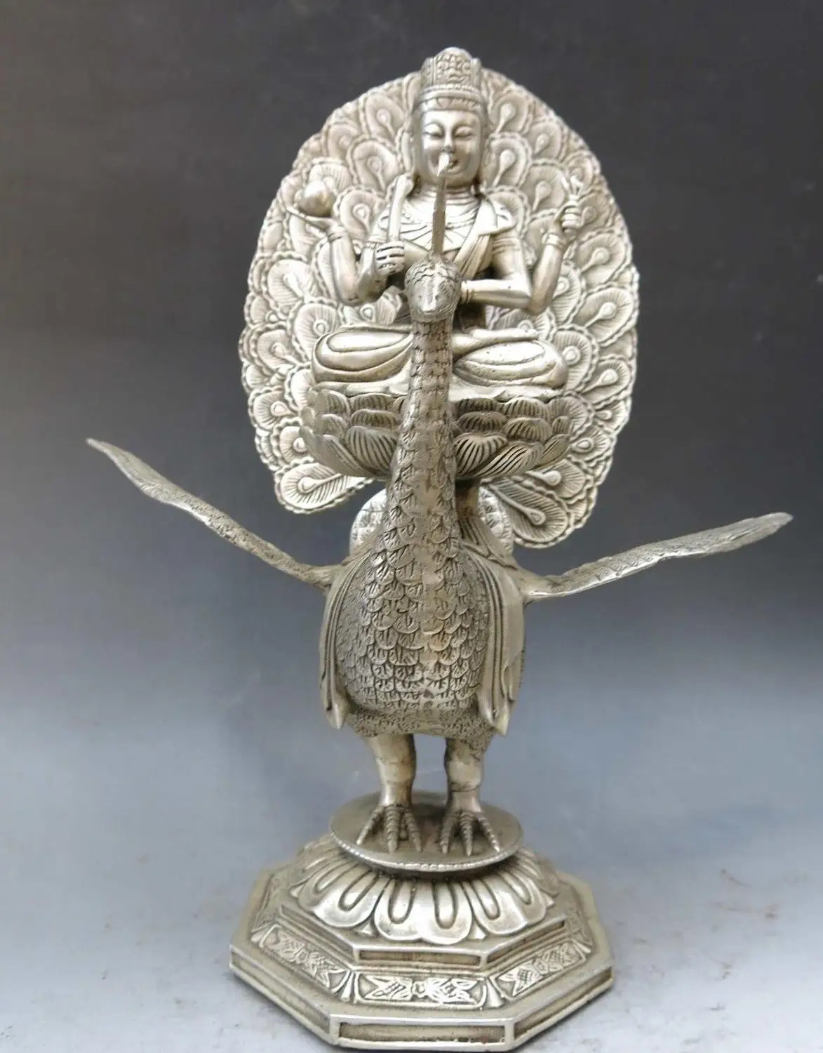 

11" China silver handwork carved beautiful peacock Mahamayuri buddha Statue