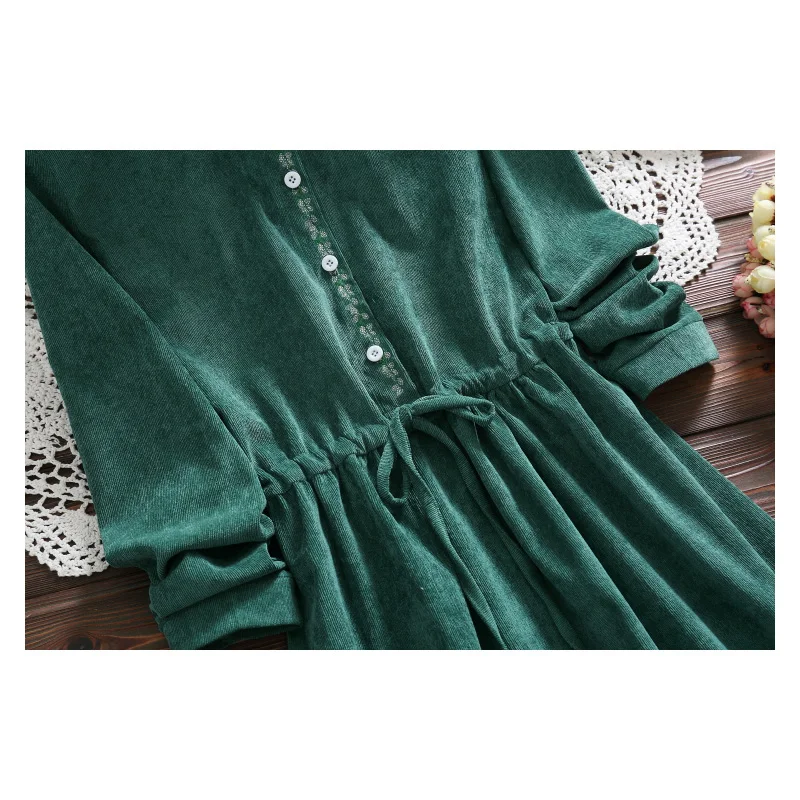 Весенне осеннее женское вельветовое платье с зеленой цветочной вышивкой Mujer Vestido