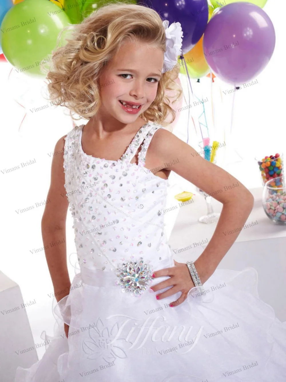 Дети платье подружки невесты белый многослойное Rouched бальное длинная - Flowergirl с