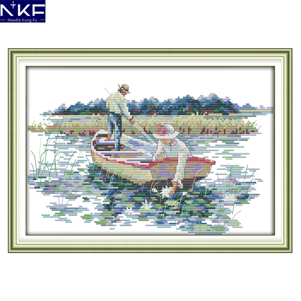 

NKF Pick The Lotus Counted Cross Stitch Sets Needlework DIY Kits Embroidery Chinese Cross Stitch Chart Pattern for Home Decor