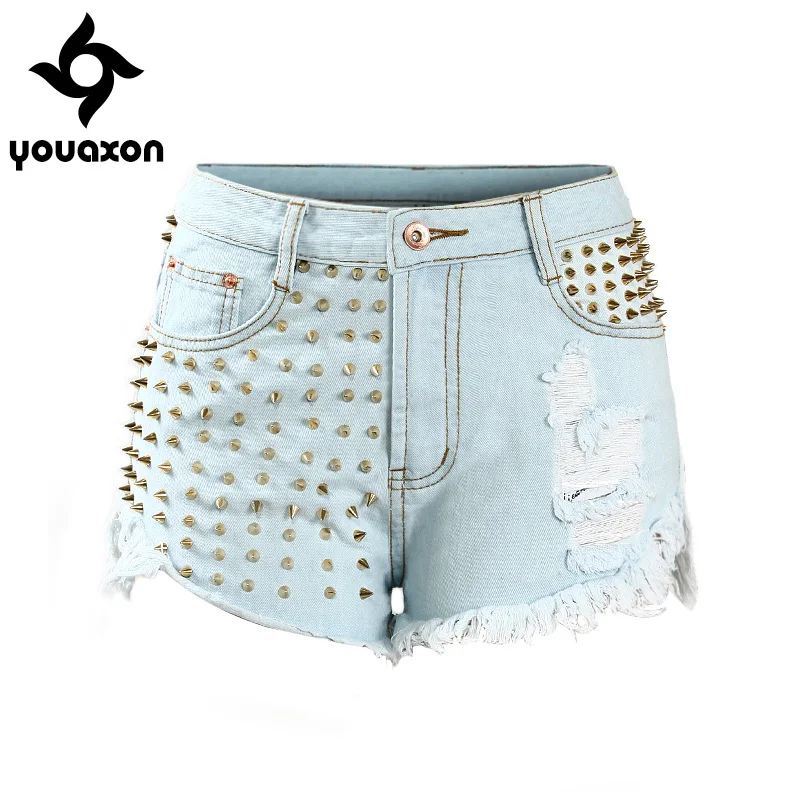 Женские джинсы Youaxon в стиле панк с золотыми заклепками|denim shorts jeans|shorts jeansdenim |