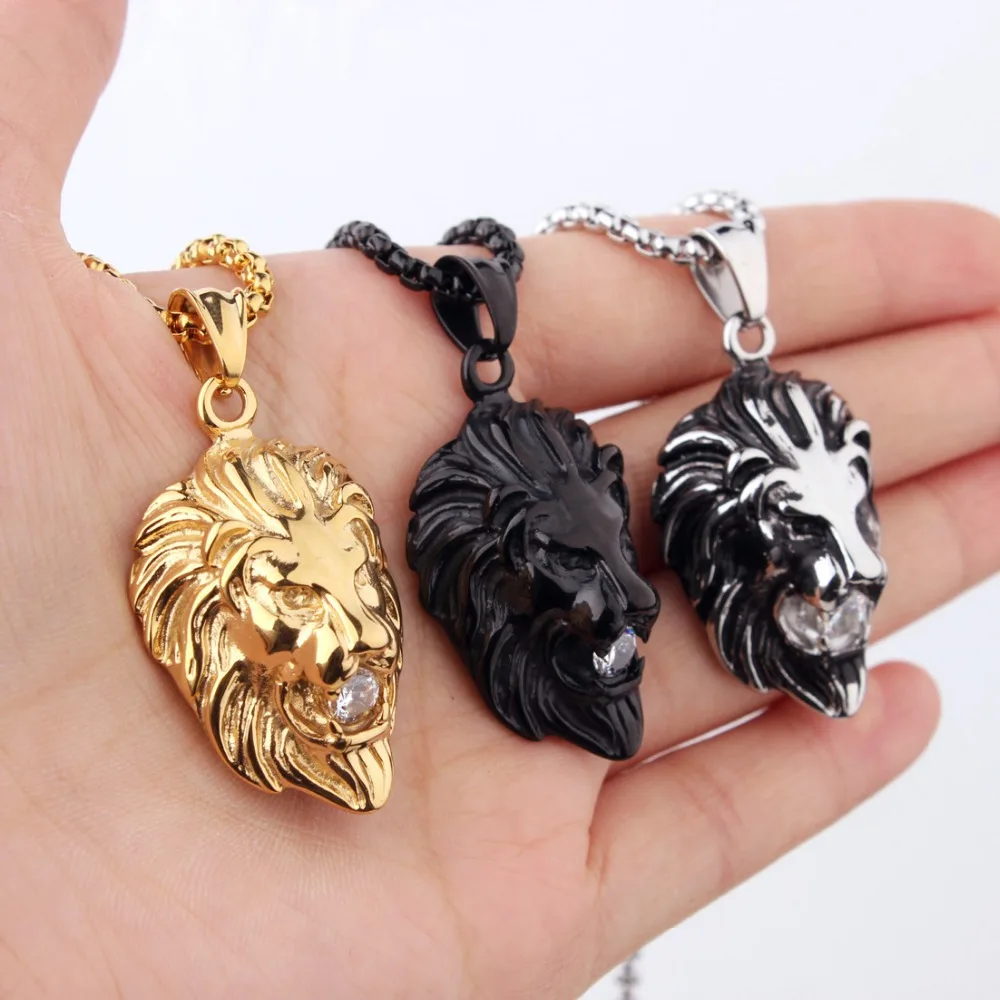 Charming New Stainless Steel Silver Color/Gold/Black Lion Shiny Crystal Men's Pendant Unisex Necklace Jewelry Christmas Gift | Украшения