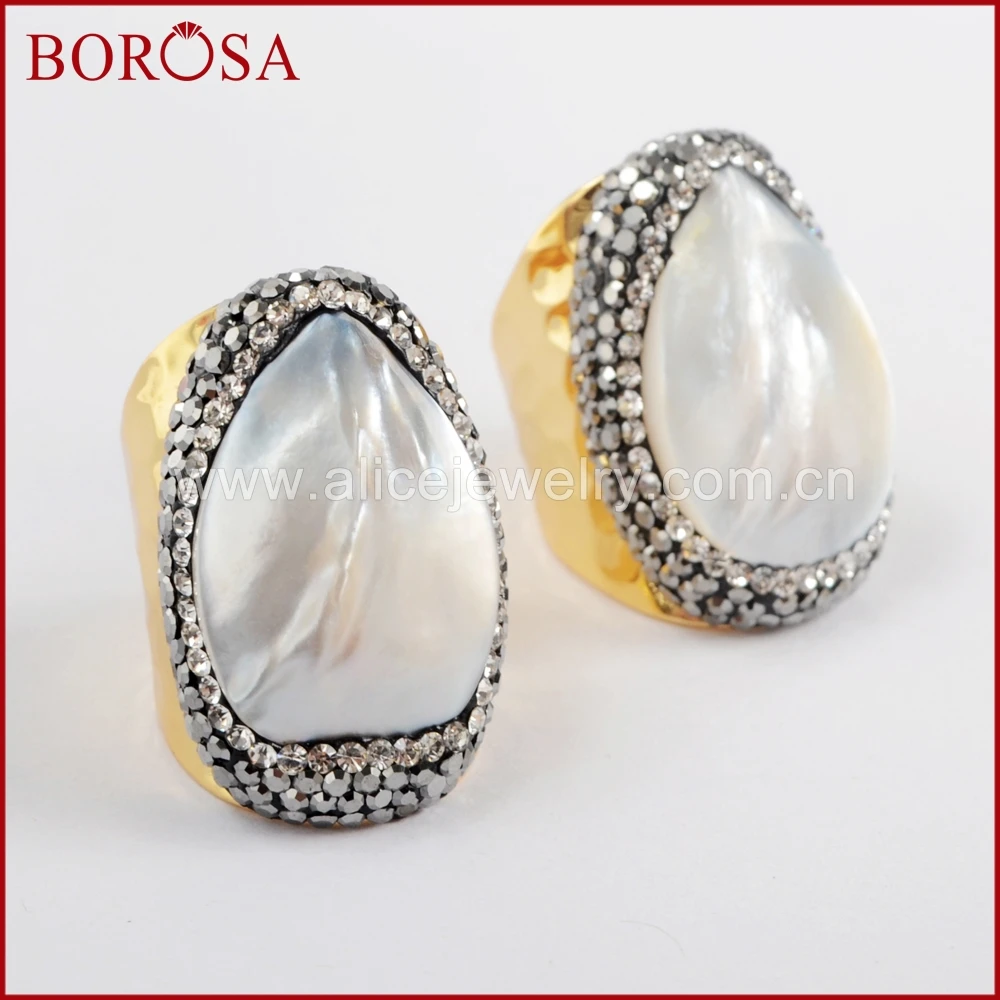 BOROSA Wholesale New Fashion 5Pcs Druzy Gold Color Rhinestone Pave Drop White Shell Ring JAB930 | Украшения и аксессуары