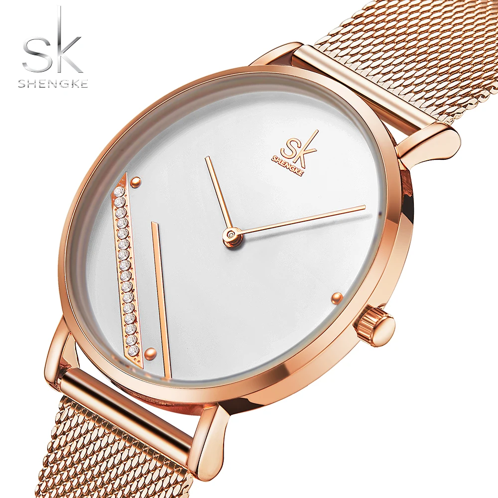 Shengke Rosegold Роскошные сетчатые женские часы с кристальным циферблатом Reloj Mujer