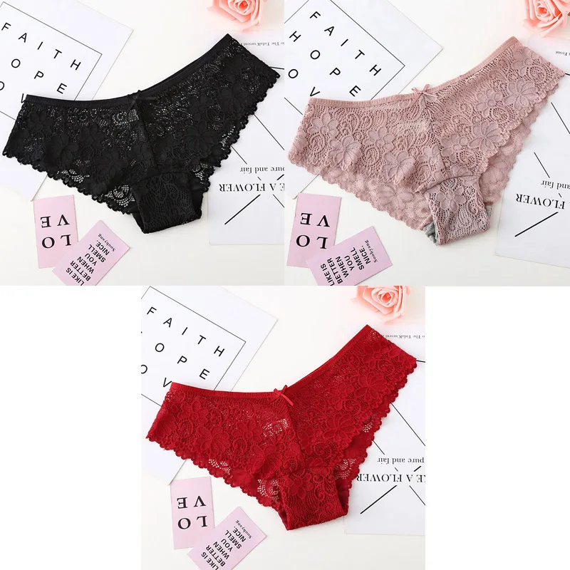 black pink red 3 шт., трусы для женщин, нижнее белье, сексуальные кружевные дышащие женские трусики, прозрачные трусы, сексуальное нижнее белье для женщин, M-XXL BANNIROU - Цвет: black pink red