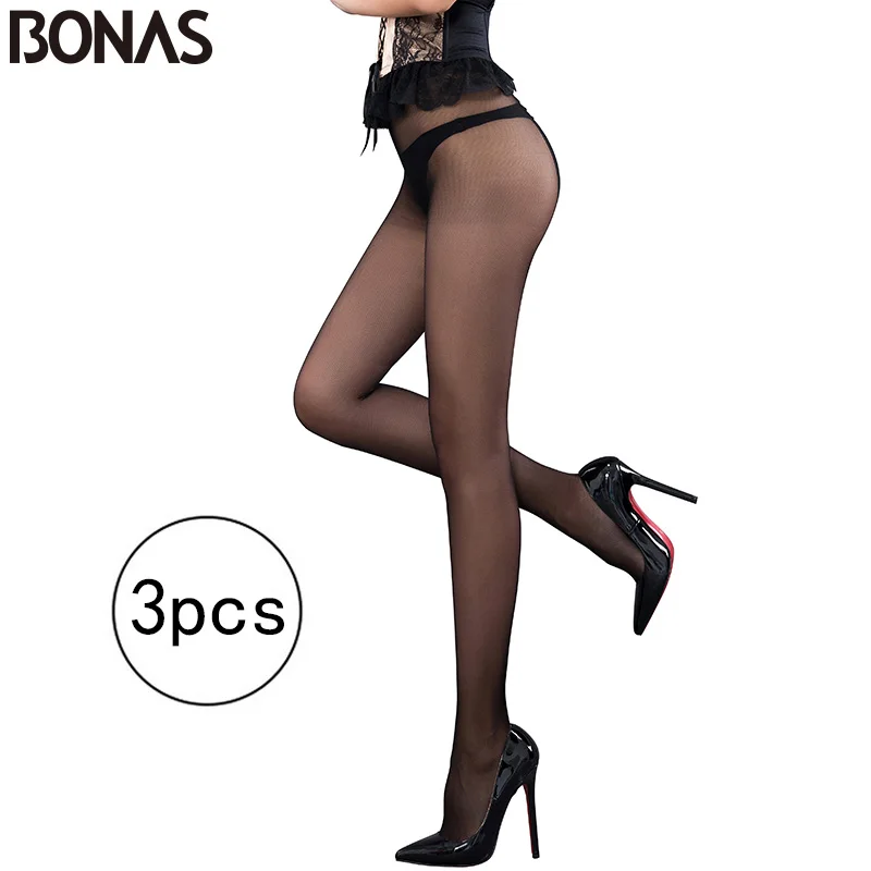 BONAS 3 шт./лот 15D летние нейлоновые колготки женские модные Т-образные тонкие хлопковые колготки эластичные однотонные женские модные колготки
