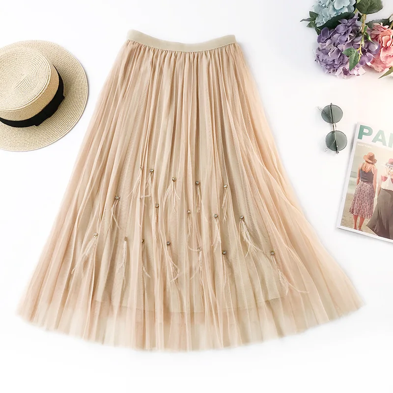 Женская летняя юбка с бисером кисточки тонкие гофрированные юбки элегантные