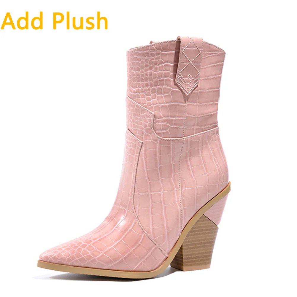 Nude Pink add fur Модные брендовые новые ботинки до середины икры в стиле ретро на высоком каблуке телесного и розового цвета; большие размеры 33-46; женская обувь; популярные короткие ботинки; женская обувь - Цвет: Nude Pink add fur