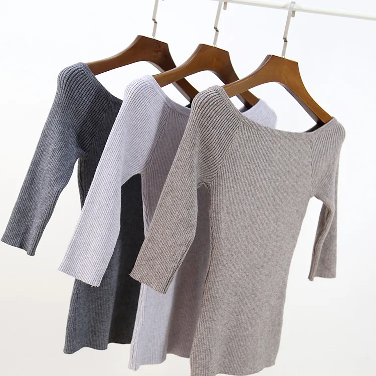 Sweater Women Boat Neck Three-quarter Sleeve Solid Pullover Knitted Jumper 2018 New Tops Fashion Autumn Winter Drop Ship | Женская