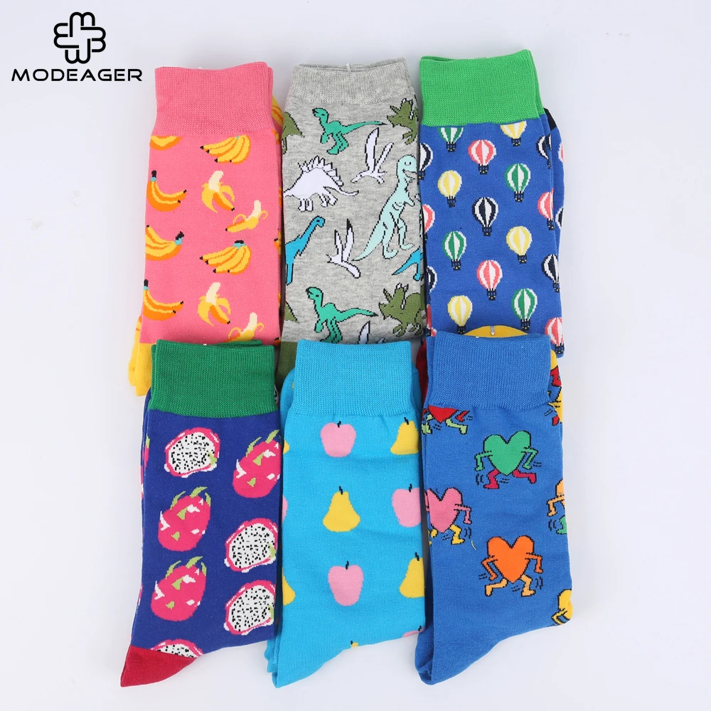 Модные забавные мужские носки Modeager с фруктами бананом питаей динозавром