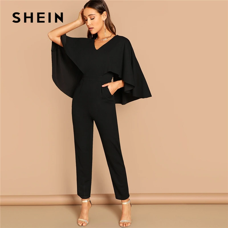 SHEIN Однотонный Комбинезон-Пончо С V-Образным Вырезом Женский Черный Осенний Элегантный Комбинезон С Высокой Талией