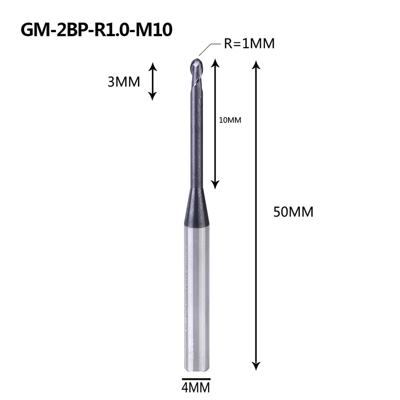 GM-2BP R1.0-R2.5, Вольфрамовая сталь, 2 флейты, круглый нос, длинная шея, короткая режущая кромка, с покрытием, Концевая фреза с ЧПУ, фреза, режущие инструменты - Длина режущей кромки: GM-2BP-R1.0-M10