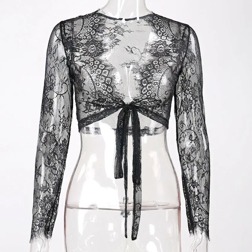 Женский сексуальный Одноцветный галстук с длинными рукавами и кружевом открытая