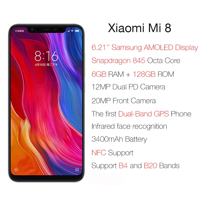 Global ROM Xiaomi Mi 8 6 ГБ 128 мобильный телефон Snapdragon 845 Octa Core 21 ''AMOLED Дисплей 12MP двойной