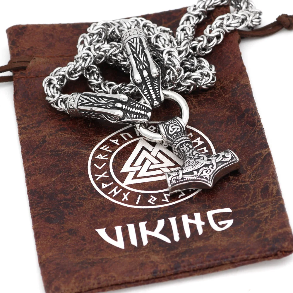 Мужская скандинавский Викинг из нержавеющей стали голова Волка дракона с подвеской thor hammer ожерелье