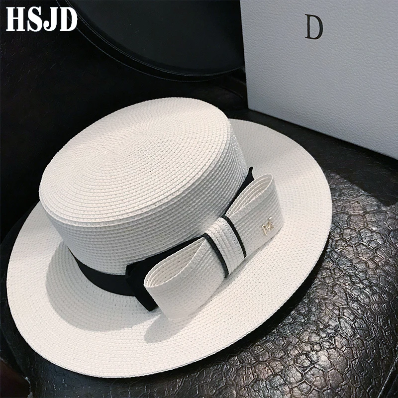 Шляпа женская Соломенная с бантом элегантная Панама от солнца плоским верхом