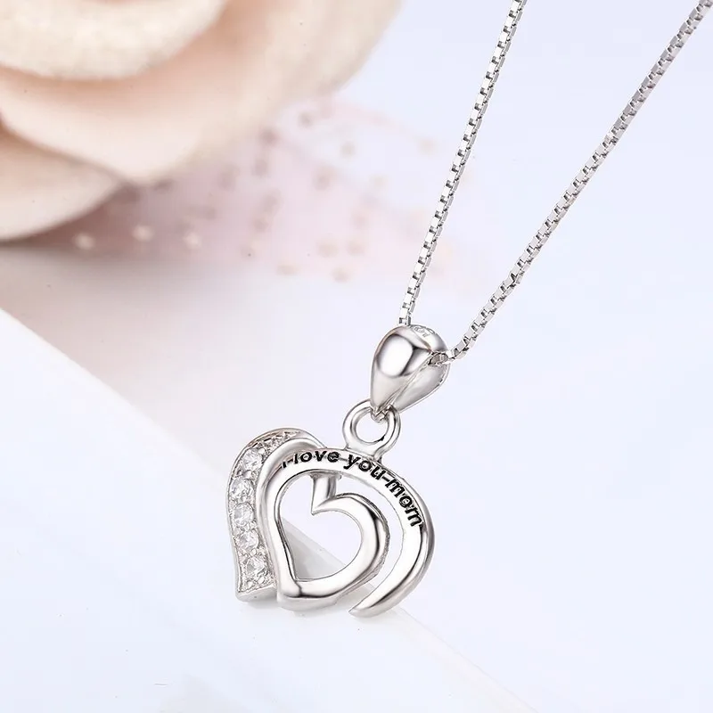 Кулон женский из серебра 925 пробы с двумя сердечками и надписью I lOVE YOU MOM |