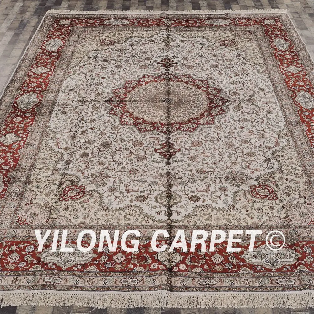 Goedkoop Yilong 10'x14' Oosterse Perzische Bloemen Zijden Kleed Classic Woondecoratie Beige Zijde Handgeknoopt Tapijt (ZW002M10x14)