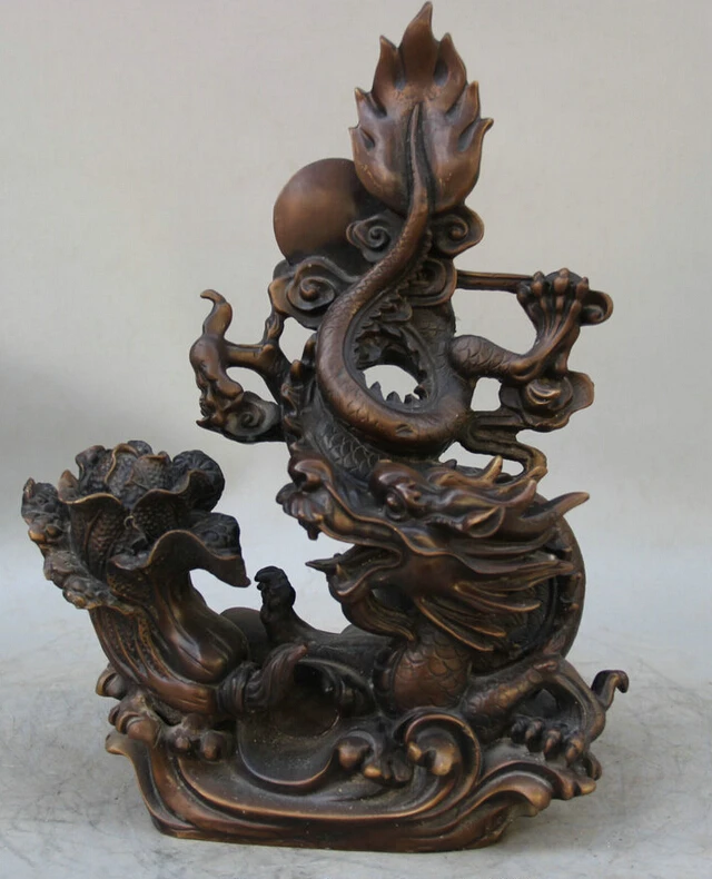 

15" Chinese Bronze Folk animal cabbage Zodiac Year Dragon Statue sculpture