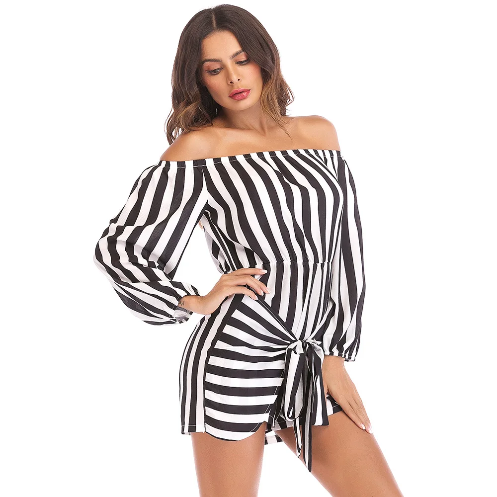 Женский Короткий комбинезон Combinaison пляжный в полоску с длинным рукавом и