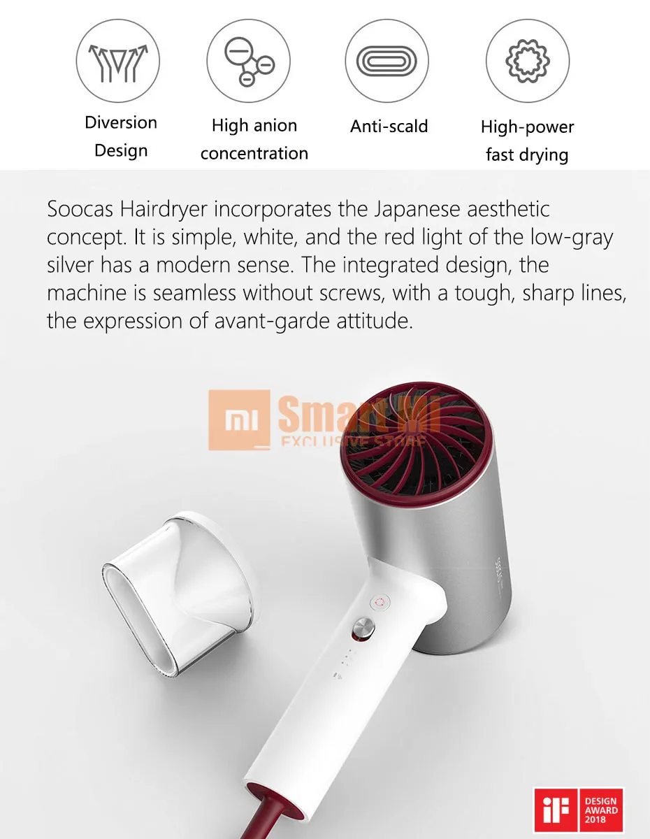 Xiaomi Soocare Soocas H3 Анион Фен корпус из алюминиевого сплава 1800 Вт воздушный выход анти-горячий инновационный диверсия дизайн