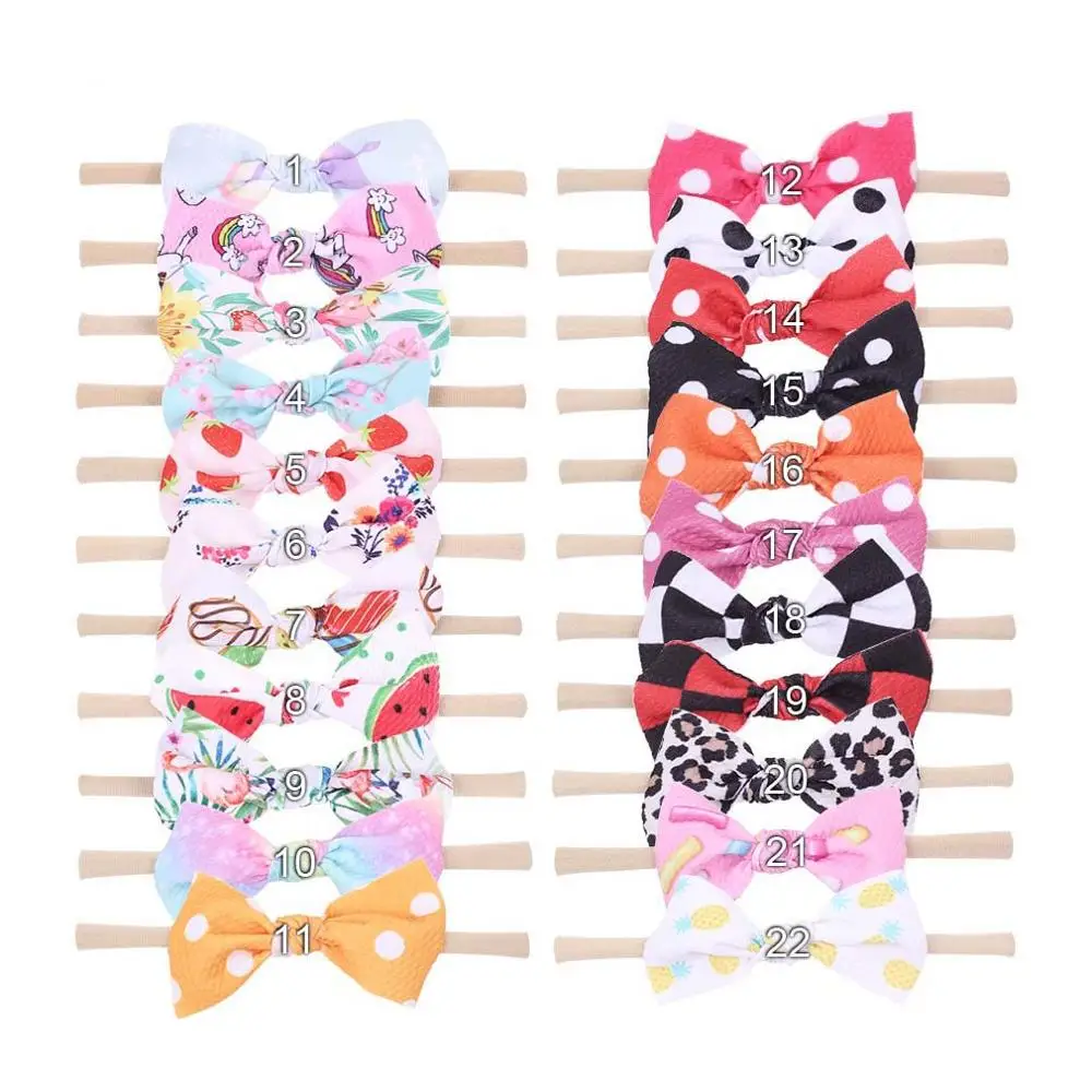 

30pcs/lot , 3.5'' Tie Hair Bow Nylon Headband Waffle Flamingo Floral Printed Soft Elastic Nylon Headband Girl Kid hot sale