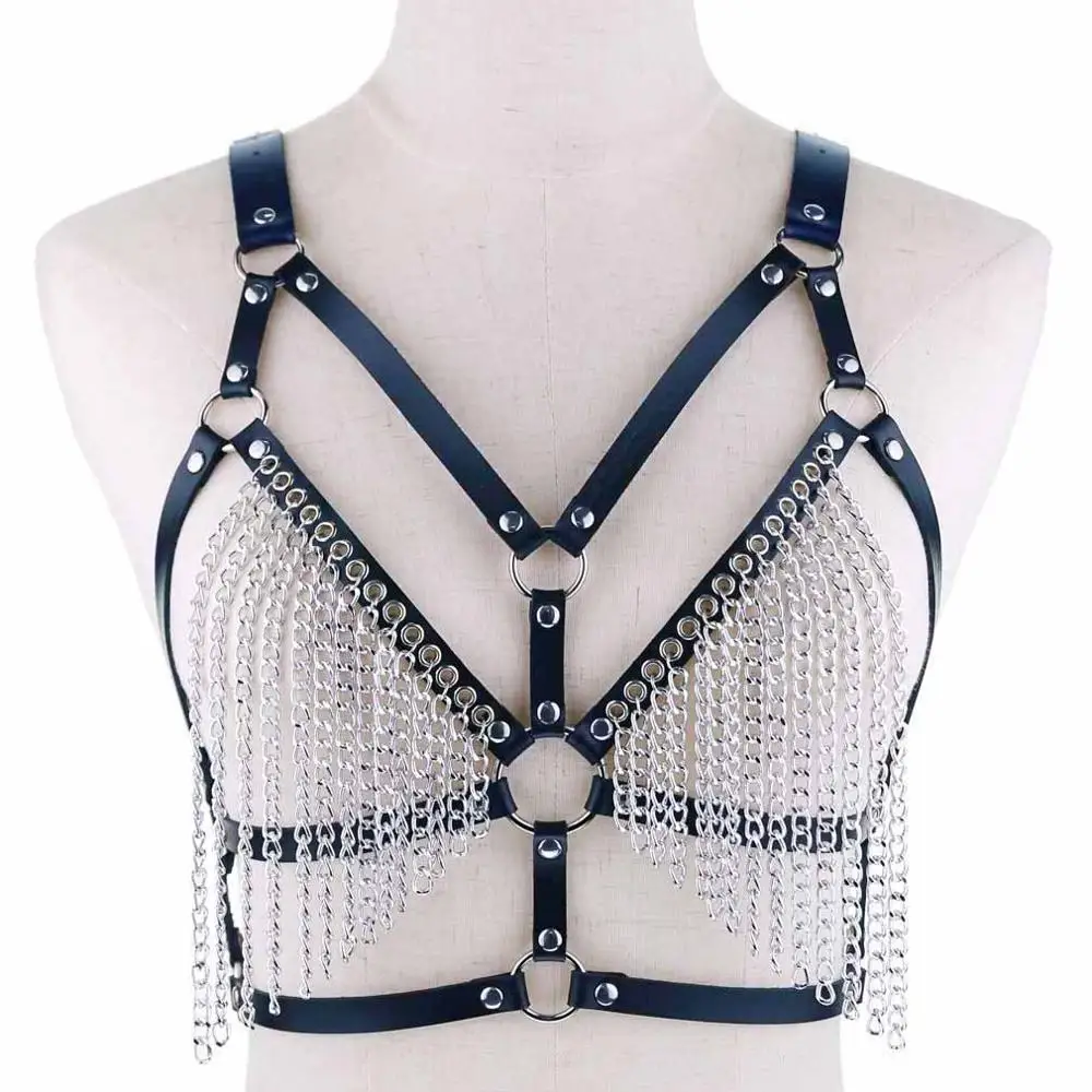 Dark Blue KMVEXO, кожаная цепочка, жгут, для тела, бюстгальтер, грудь, готика, панк, сексуальная цепочка, ожерелье, Топ для женщин, летний фестиваль, модная клетка, связывание, ювелирное изделие - Окраска металла: Dark Blue